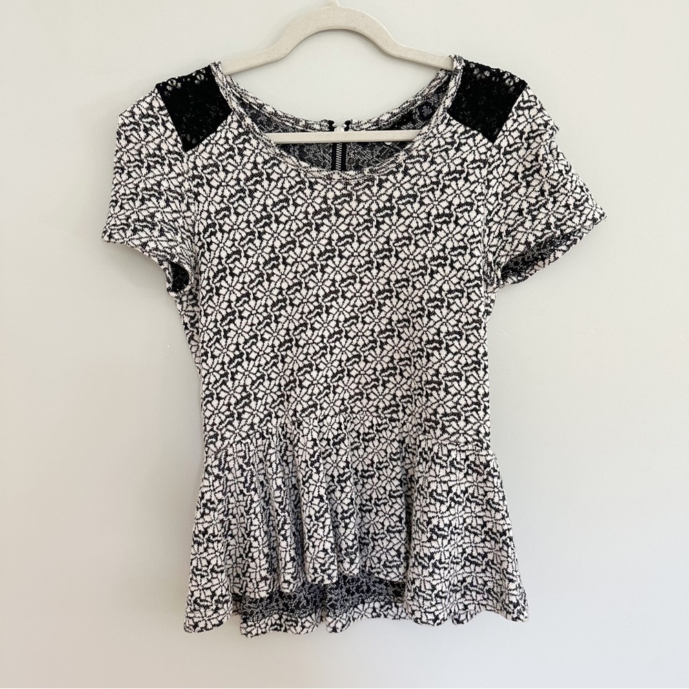 Anthro Knitted & Knotted Jacquard Peplum Lace Top Black White XS